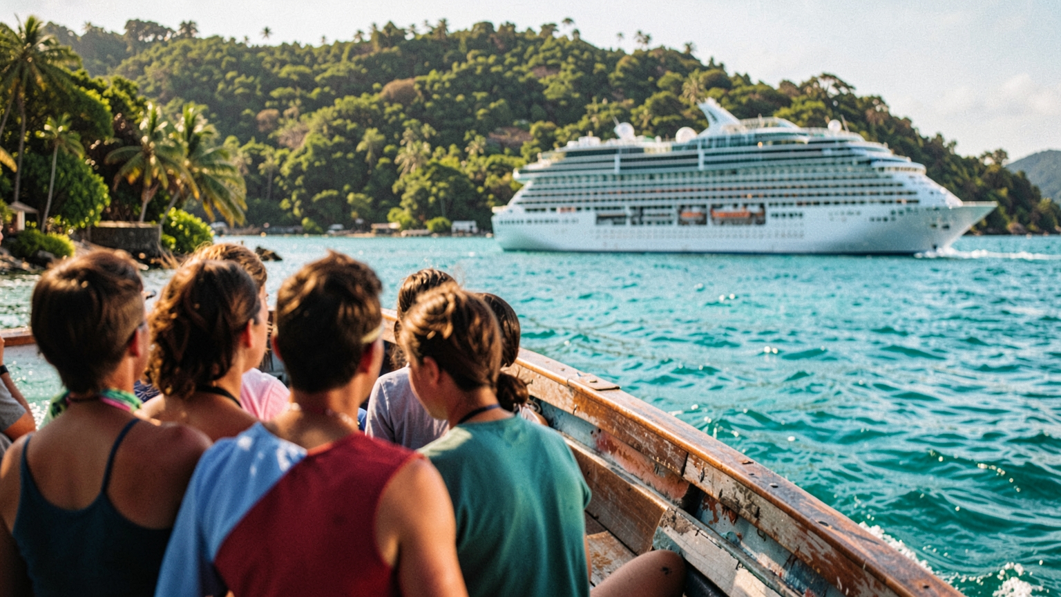 Passengers on a small tender boat crossing turquoise Caribbean water toward a cruise ship anchored off a green island