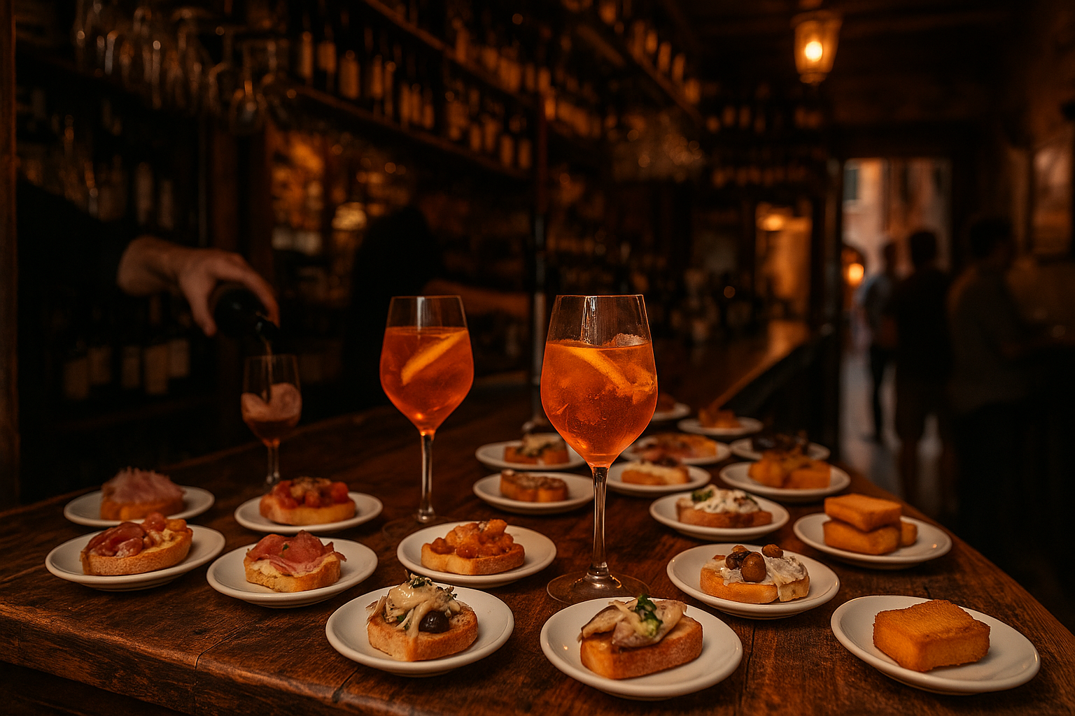 Small plates of cicchetti and spritz glasses on a worn wooden bar counter in a dim Venice wine bar