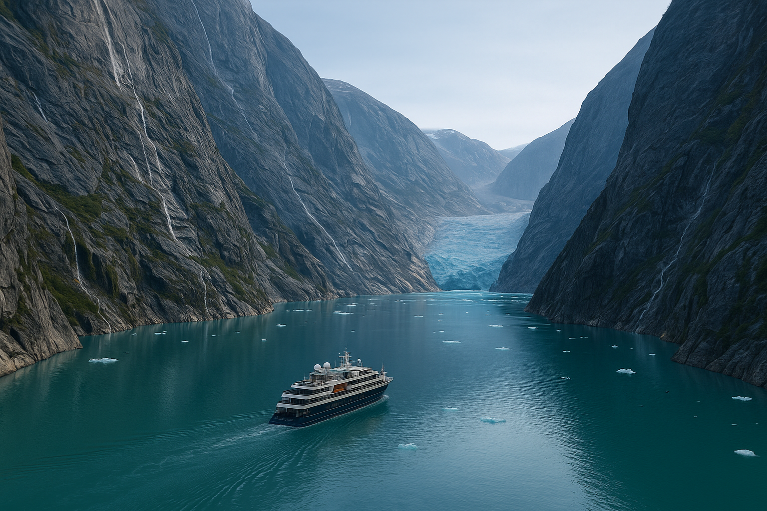 Small cruise ship dwarfed by steep granite fjord walls, sailing toward blue glacier ice in Alaska