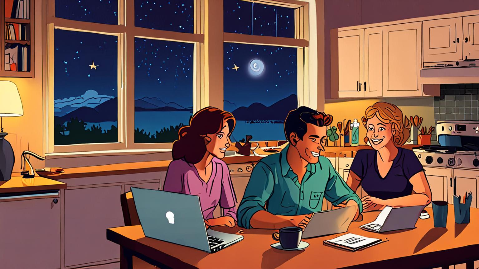 Couple at a lamplit kitchen table reviewing a cruise booking on a laptop, brochure and calculator beside them