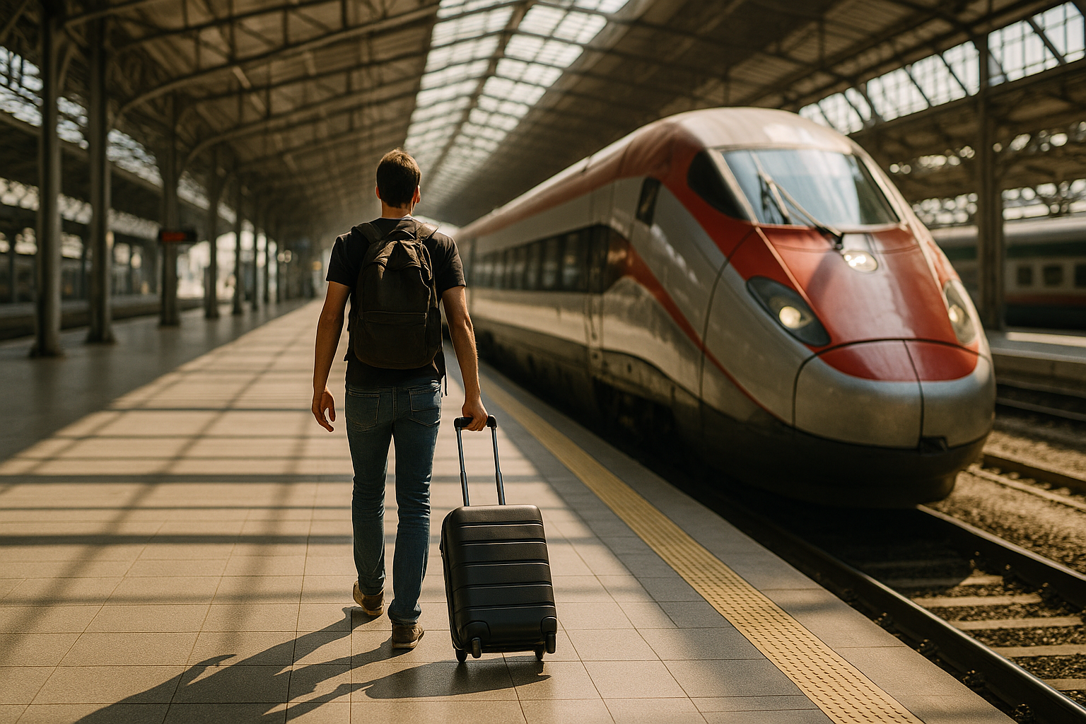 Traveler with a rolling suitcase walking along a sunlit Italian rail platform beside a high-speed train