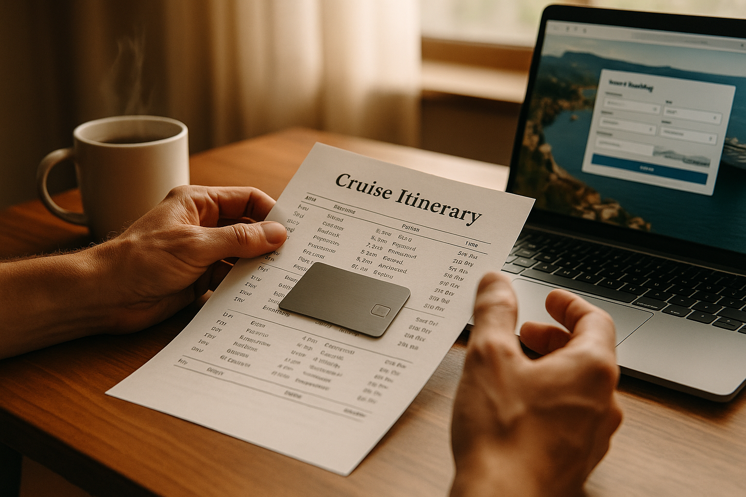 Traveler at a wooden desk comparing a printed cruise itinerary with a laptop booking page, metal credit card beside a coffee