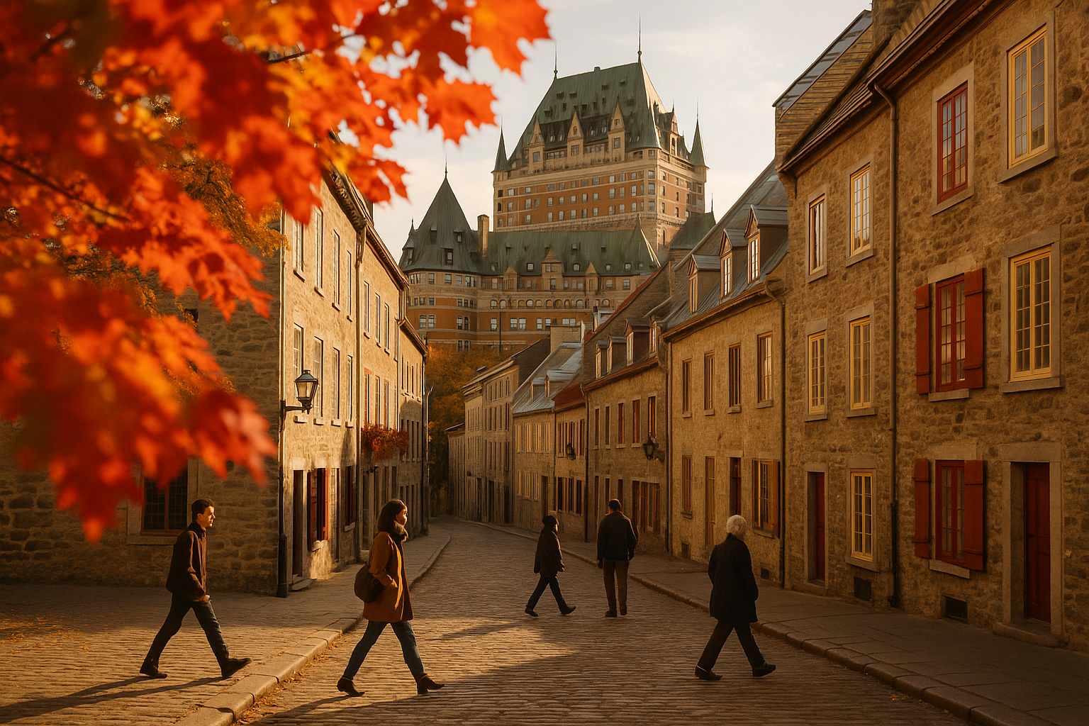 Cobblestone street in Old Quebec with autumn foliage and the copper turrets of the Chateau Frontenac above