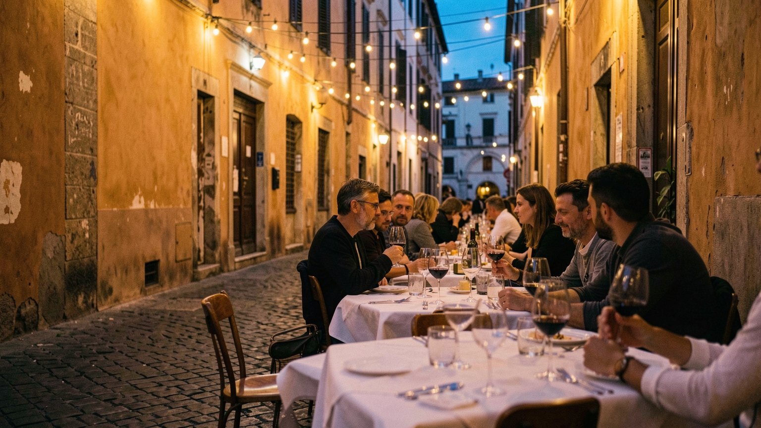 Diners at outdoor trattoria tables on a narrow cobblestone lane in Rome at dusk, warm lights on ochre walls