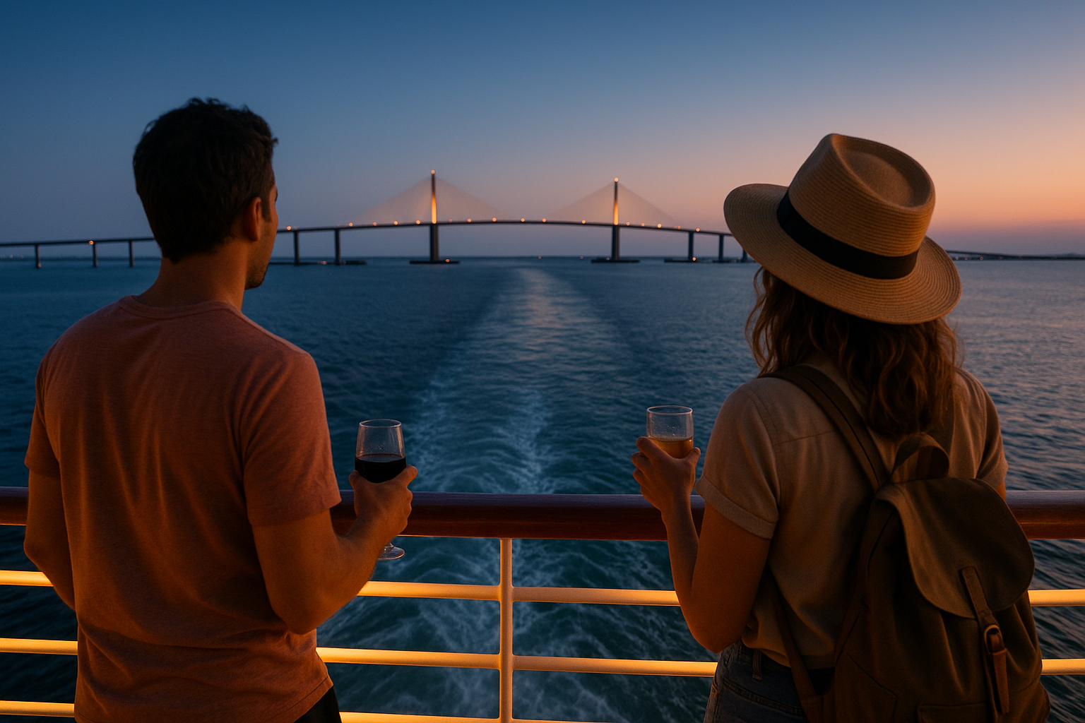 Travelers at a ship's rail on calm Tampa Bay at dusk, the Sunshine Skyway Bridge spanning the horizon
