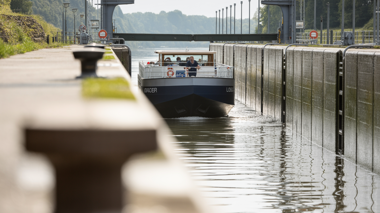 River cruise ship inside a narrow concrete lock chamber, wet streaked walls towering on each side
