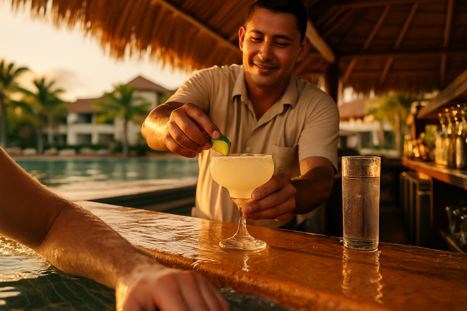 Bartender garnishing a margarita at a sunlit swim-up bar as a guest rests an arm on the wet ledge.