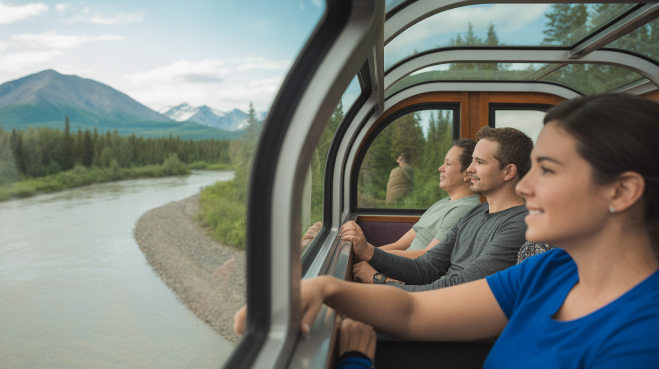 Passengers in a glass-domed railcar crossing green Alaska wilderness with snowy peaks in the distance
