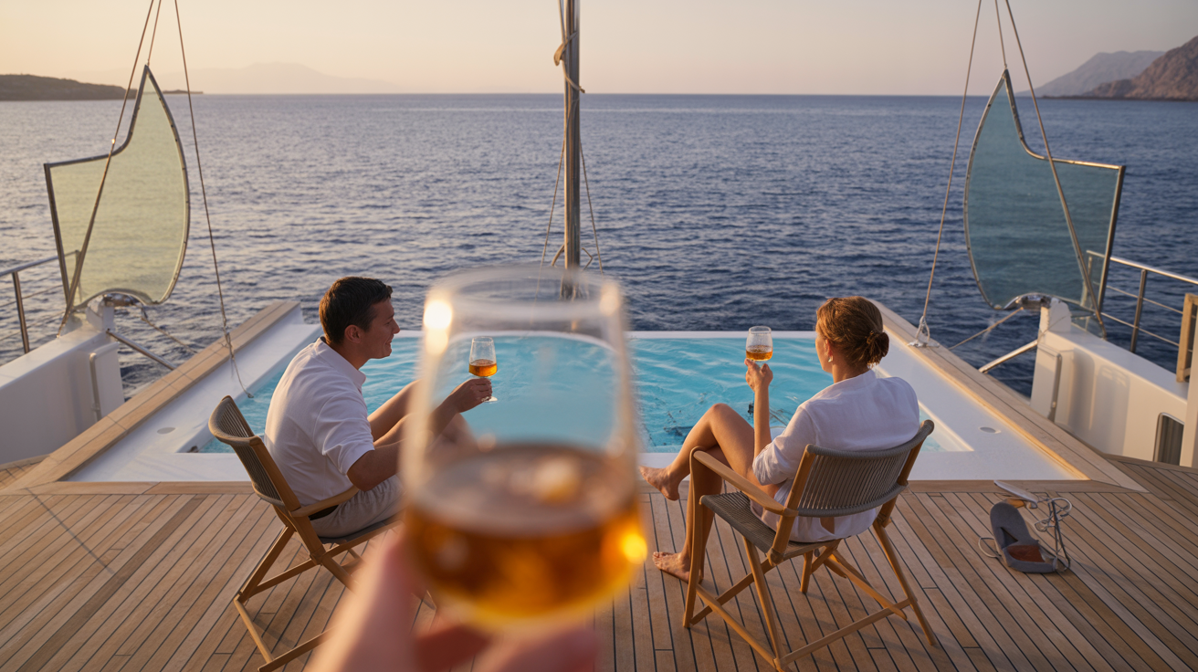 Two travelers with drinks beside a small luxury ship's infinity pool at golden hour, calm open sea beyond