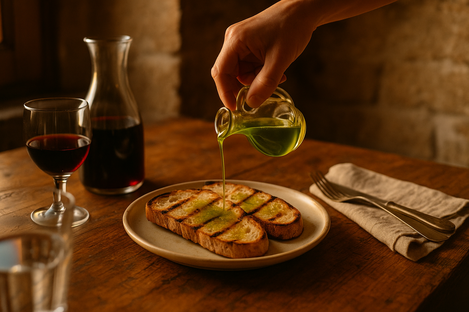 Bright green new olive oil being drizzled over grilled bread on a worn wooden trattoria table