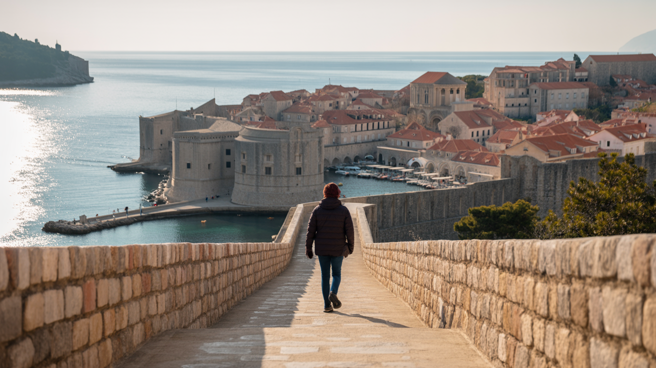 Lone traveler walking Dubrovnik's stone city walls above terracotta rooftops on a quiet winter afternoon