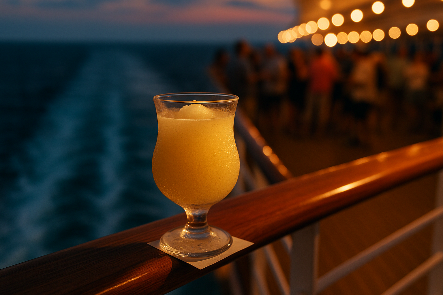 Frozen cocktail with condensation on a wooden cruise deck rail at dusk, passengers blurred behind