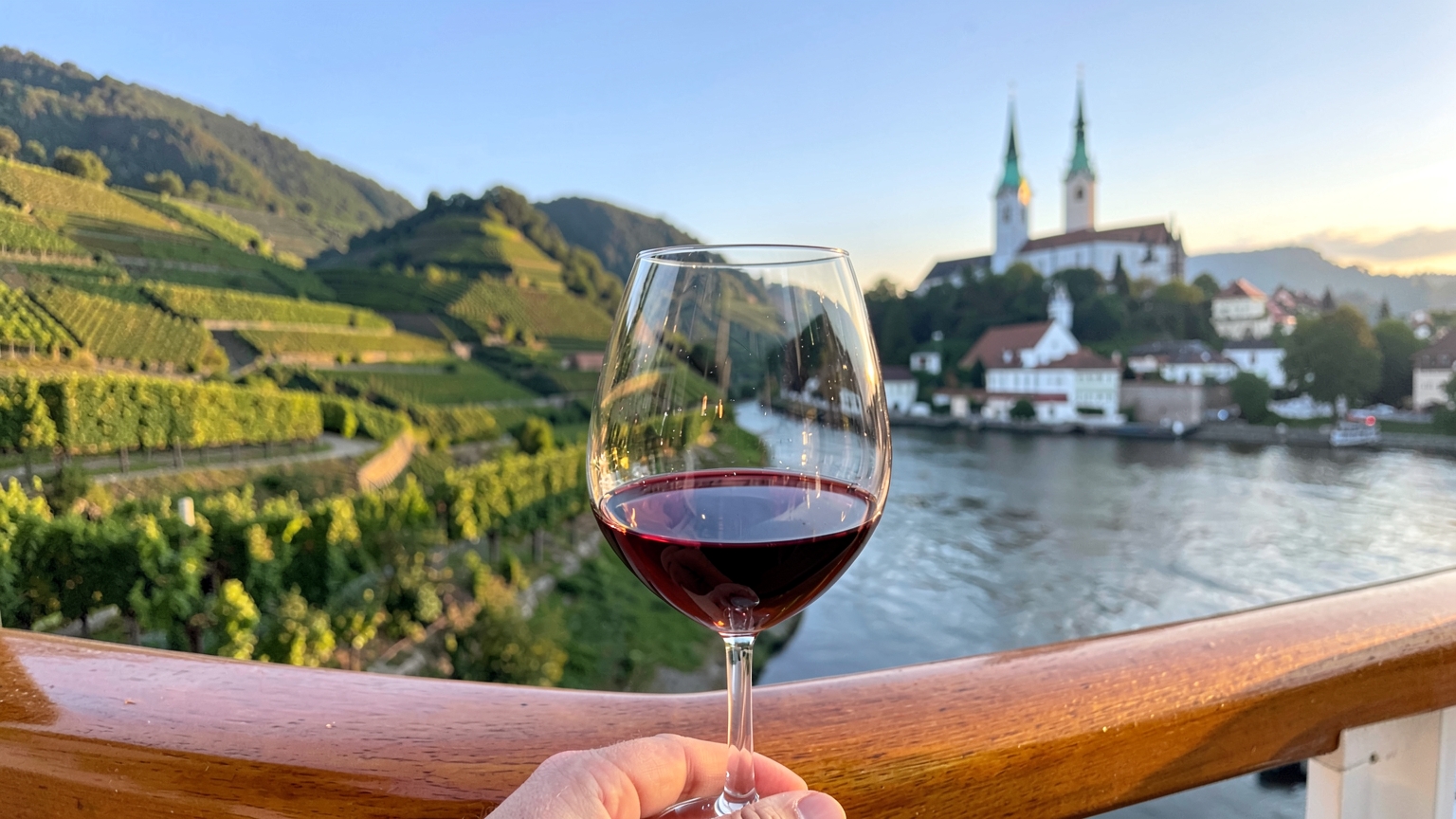 Wine glass on a ship's sun deck rail with terraced Wachau vineyards and Dürnstein's blue tower beyond