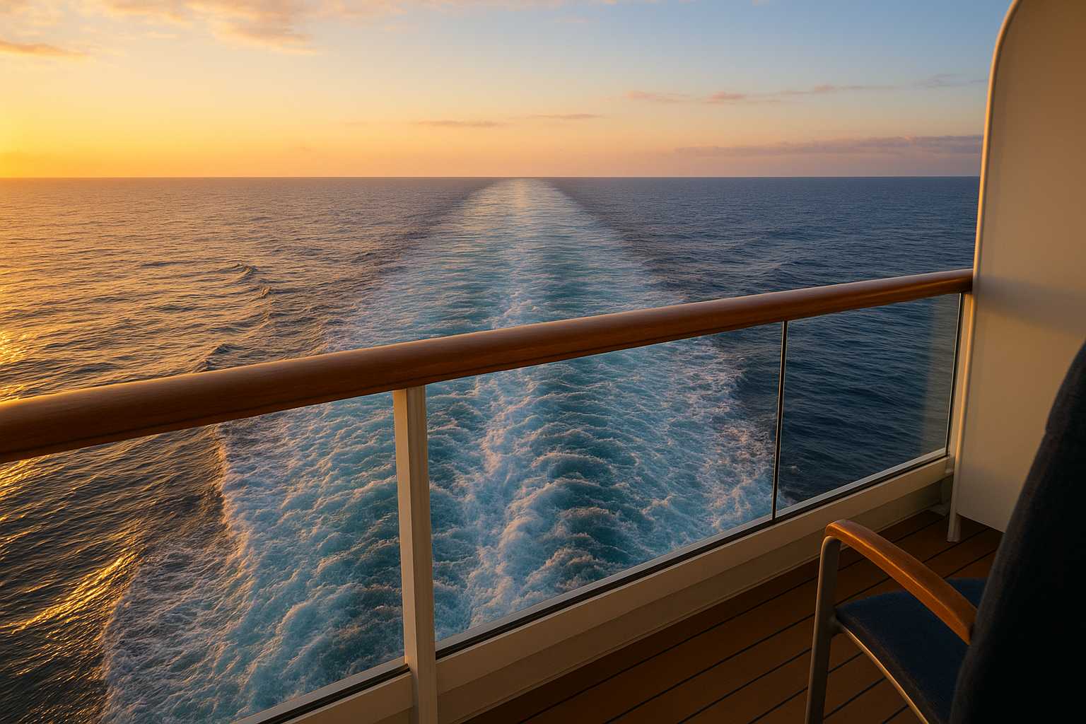 Cruise ship aft balcony at sunrise, white wake trailing across a calm blue sea beyond the railing