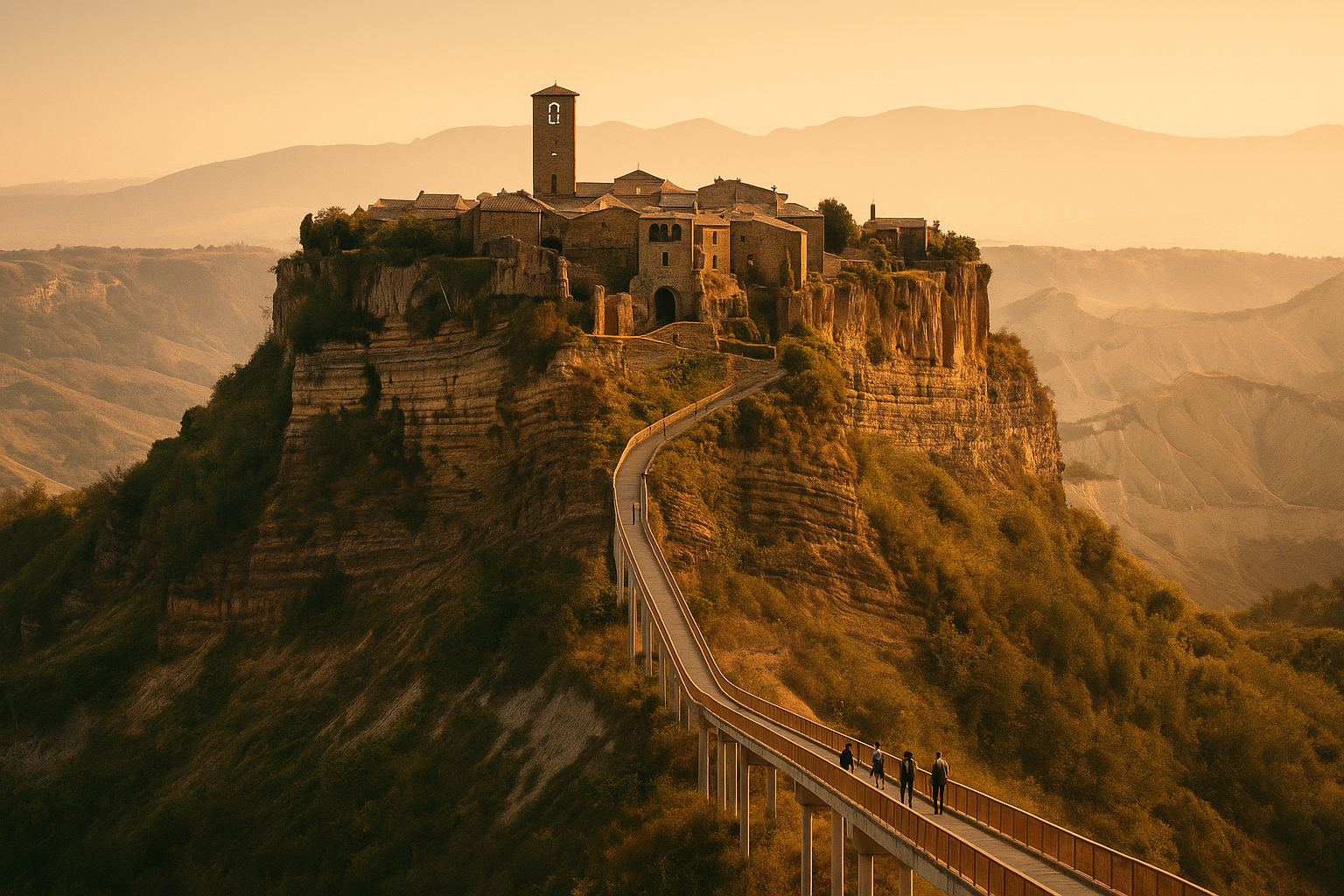 Travelers crossing the long footbridge to the hilltop village of Civita di Bagnoregio in golden light