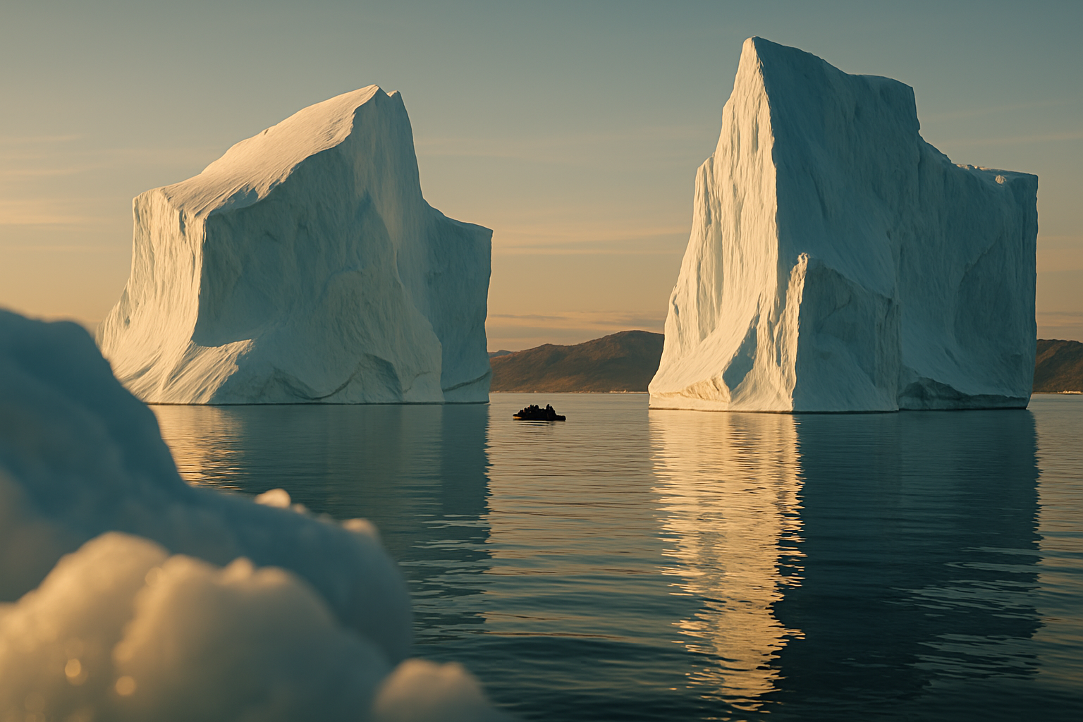 Enormous icebergs floating in calm arctic water near Ilulissat, Greenland, under low golden light