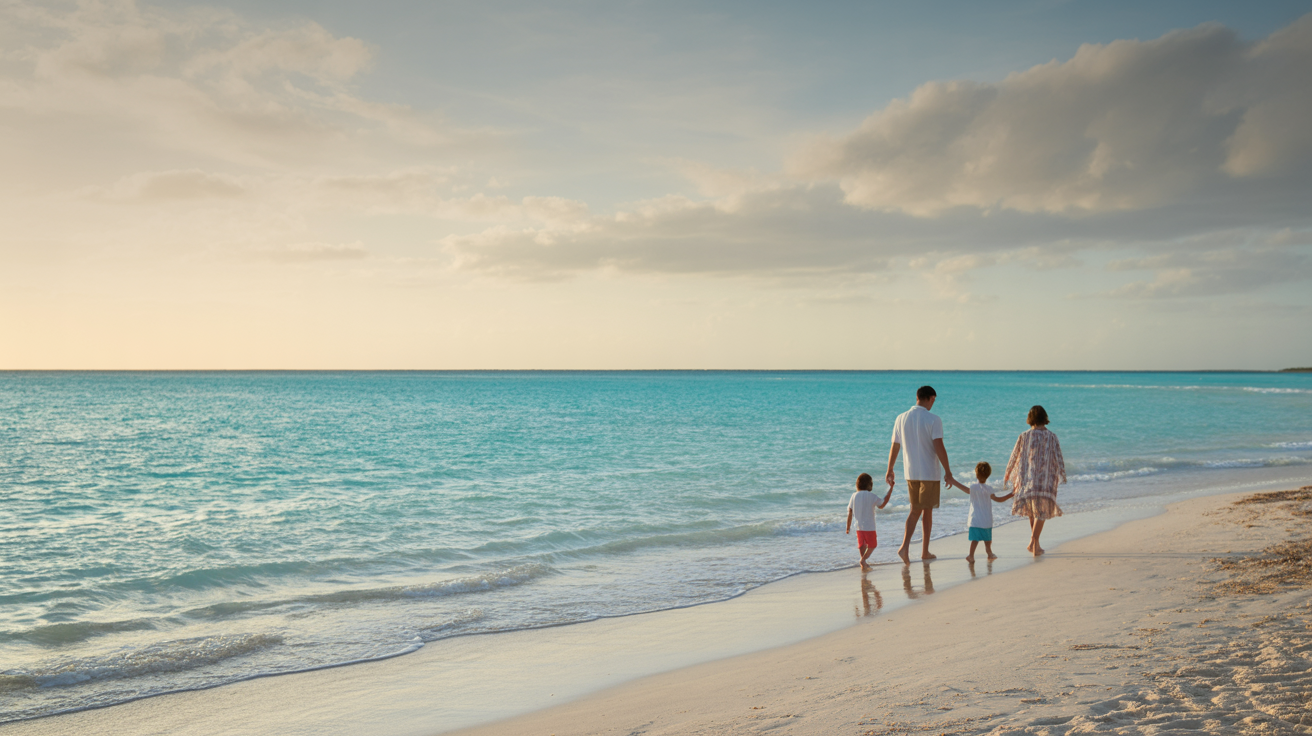 Family walking the waterline of a wide turquoise beach at golden hour, powder sand stretching to the horizon