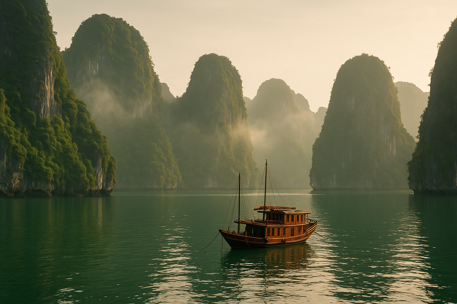 Mist drifting between steep jungle-topped limestone karsts on calm jade-green water at dawn in Halong Bay