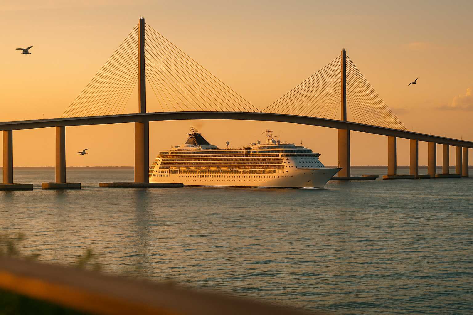 Cruise ship passing beneath the Sunshine Skyway Bridge over Tampa Bay at sunset