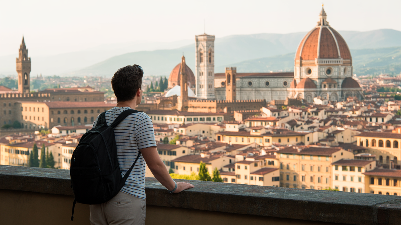 Traveler at a stone balustrade overlooking Florence's terracotta rooftops and Duomo at golden hour