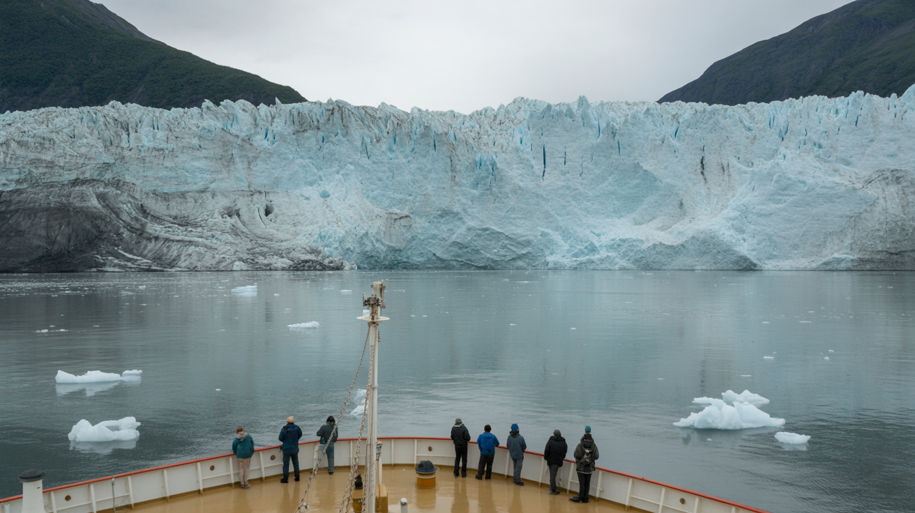Immense blue-white glacier face towering over tiny distant figures standing at a cruise ship railing
