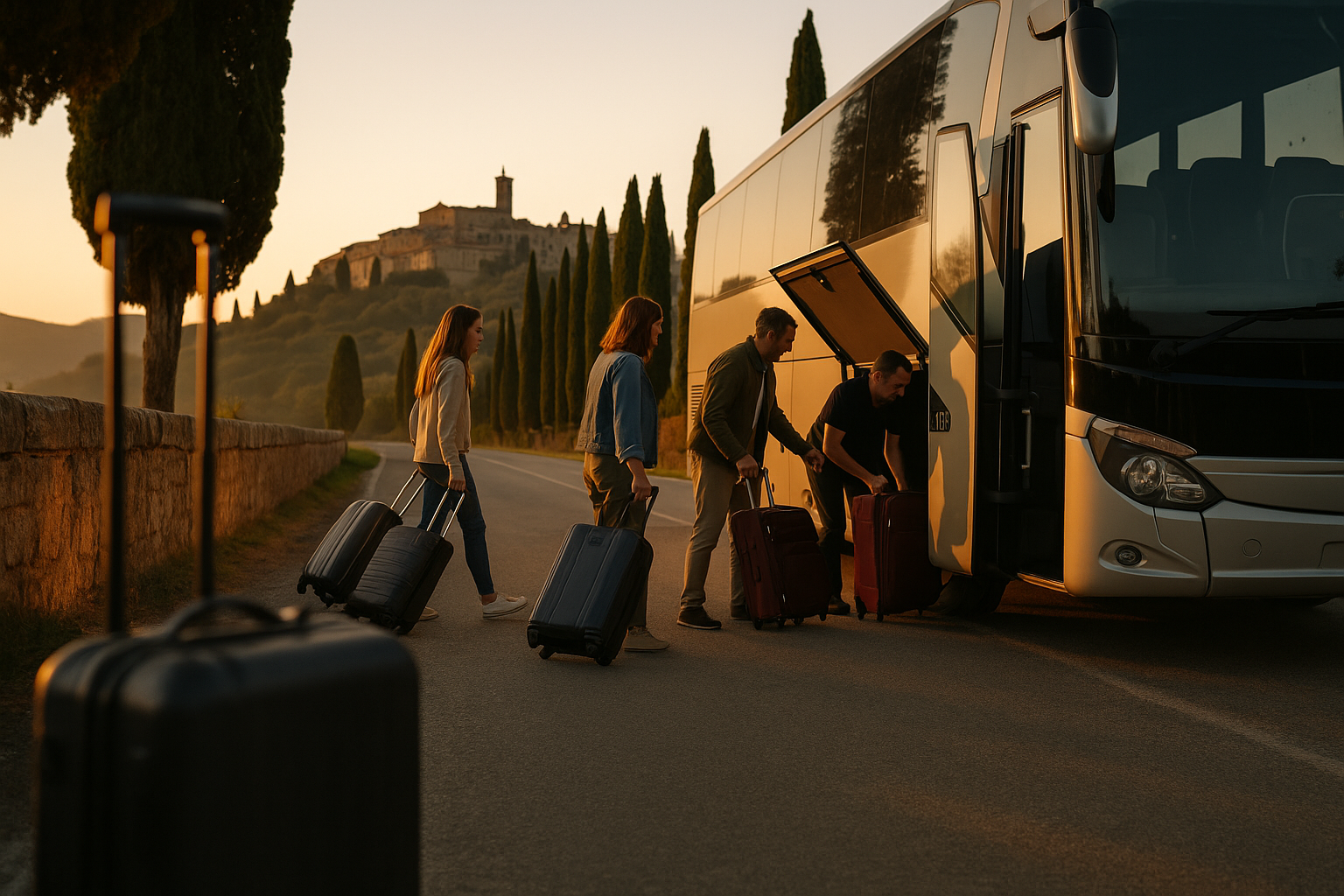 Travelers loading luggage onto a touring coach at dawn on a road below an Italian hilltop town.
