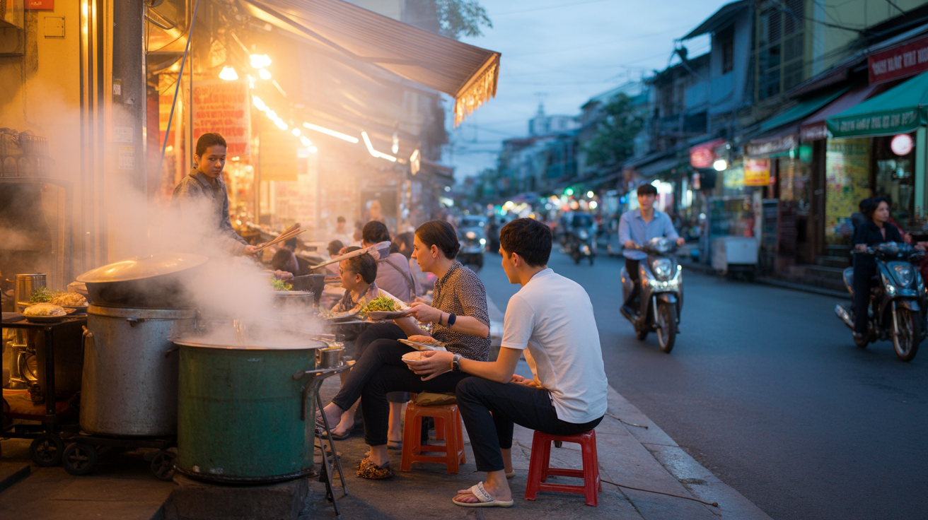 Narrow Hanoi Old Quarter street with low stools, steaming street-food stalls and motorbikes in warm evening light