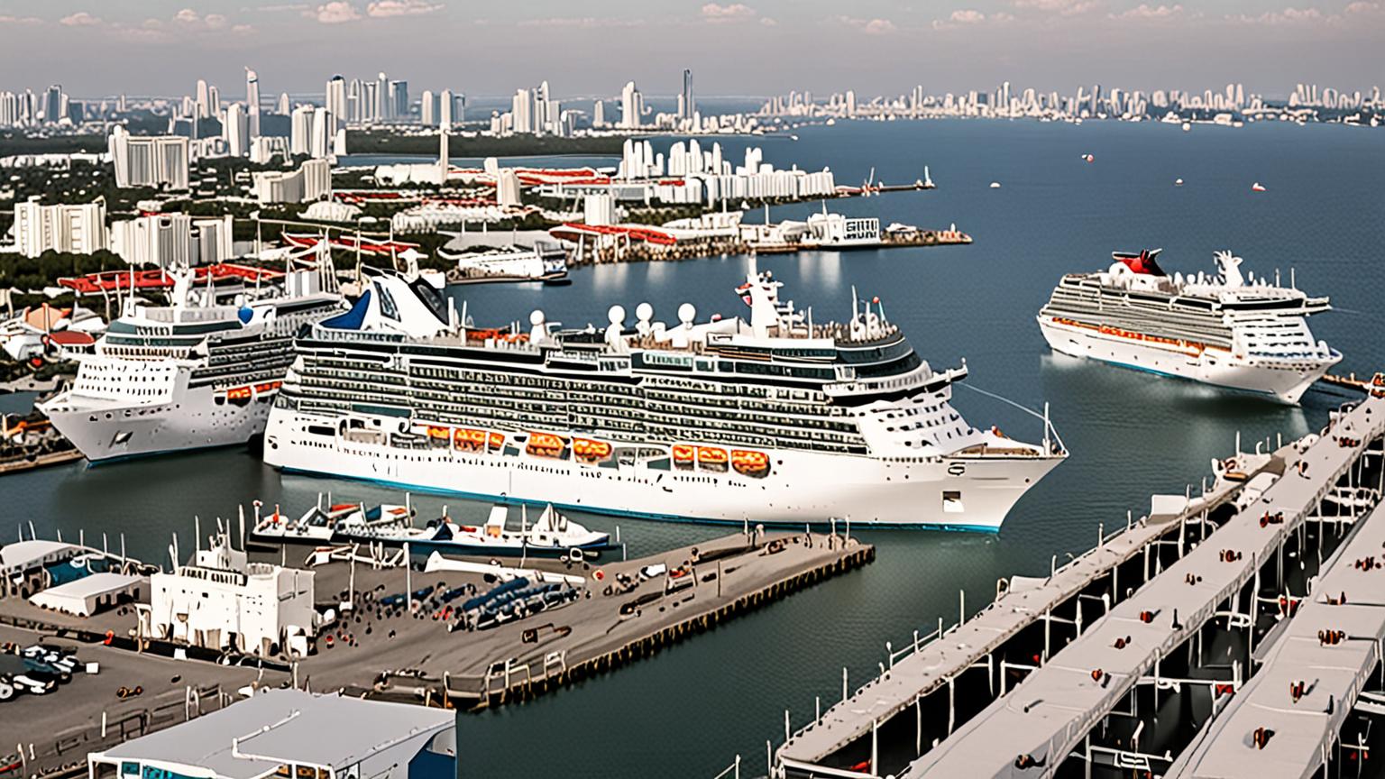 Two large cruise ships docked side by side at a sunny port pier as travelers walk below with luggage