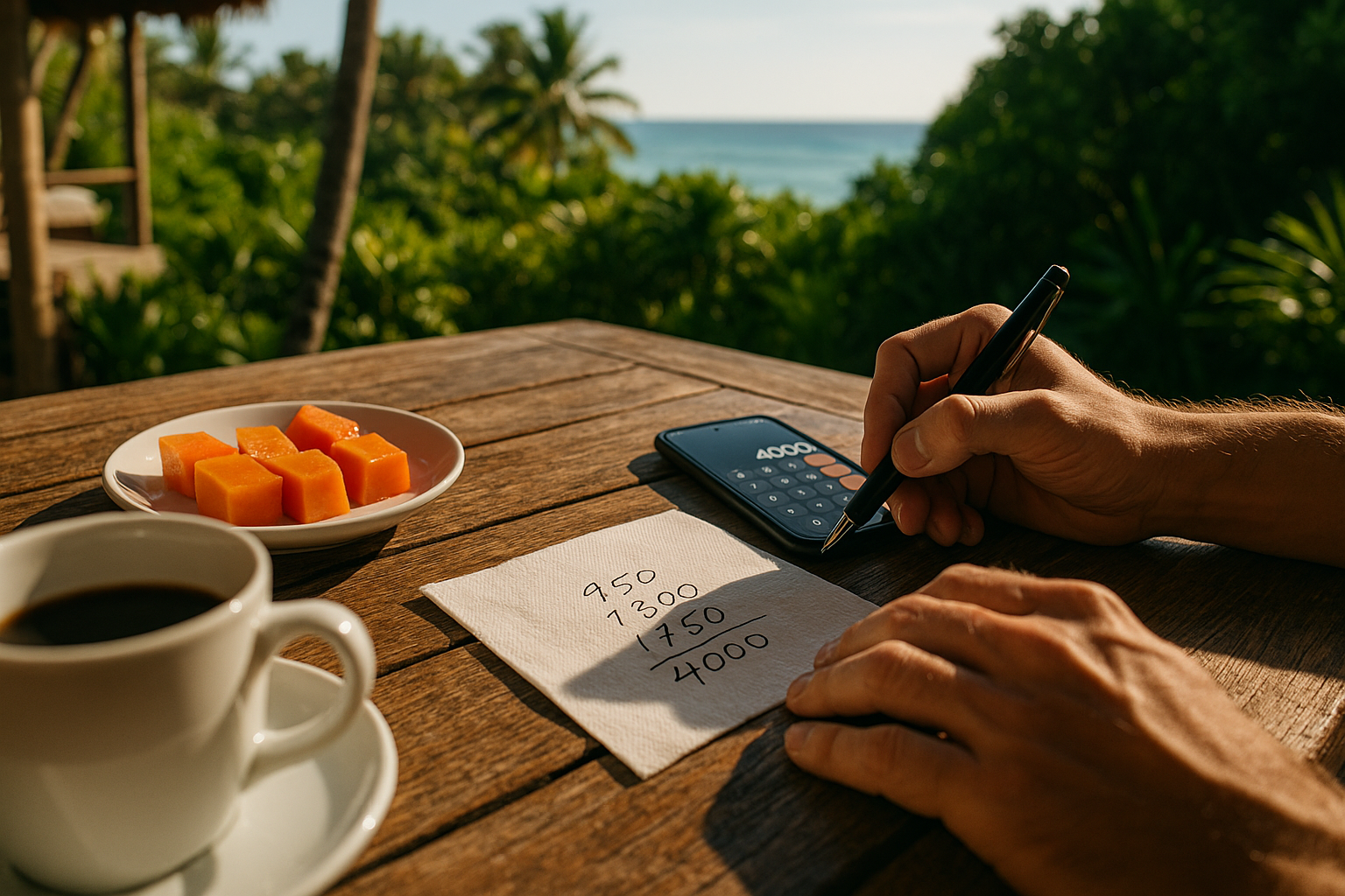 Hands jotting numbers on a napkin beside coffee and fresh papaya at an open-air beachfront breakfast table