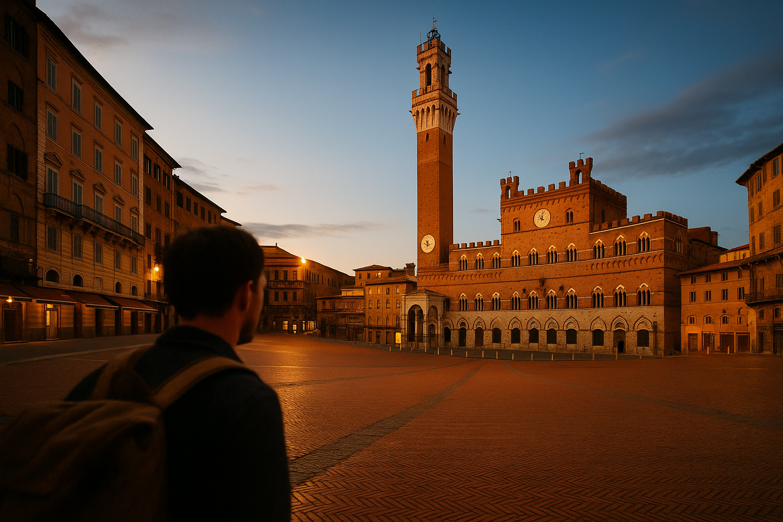 Evening light on the sloping brick expanse of Piazza del Campo in Siena with a few people crossing.