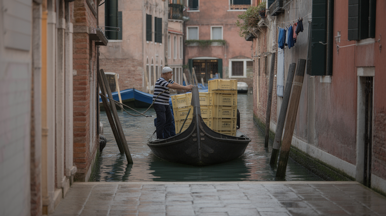 Delivery barge on a quiet Venice canal at dawn, laundry strung between weathered plaster buildings