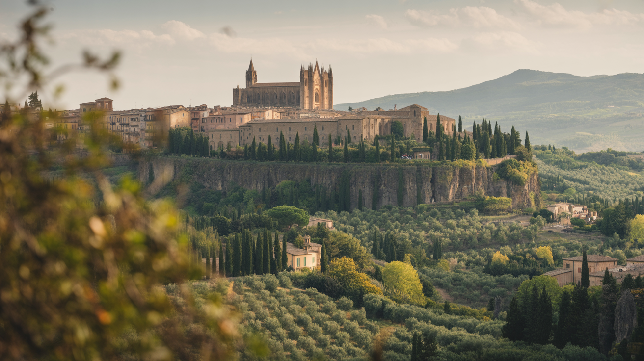 Hill town of Orvieto on a volcanic plateau, cathedral rising above tiled rooftops in late afternoon light