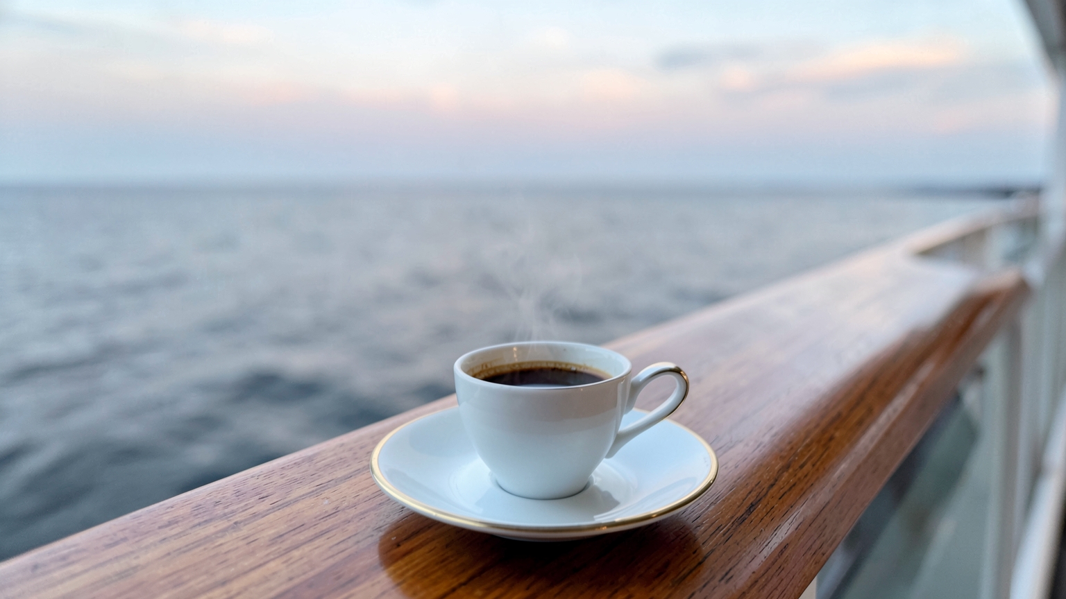 Espresso cup on a teak cruise suite balcony rail at dawn, soft pewter-gray sea stretching to the horizon