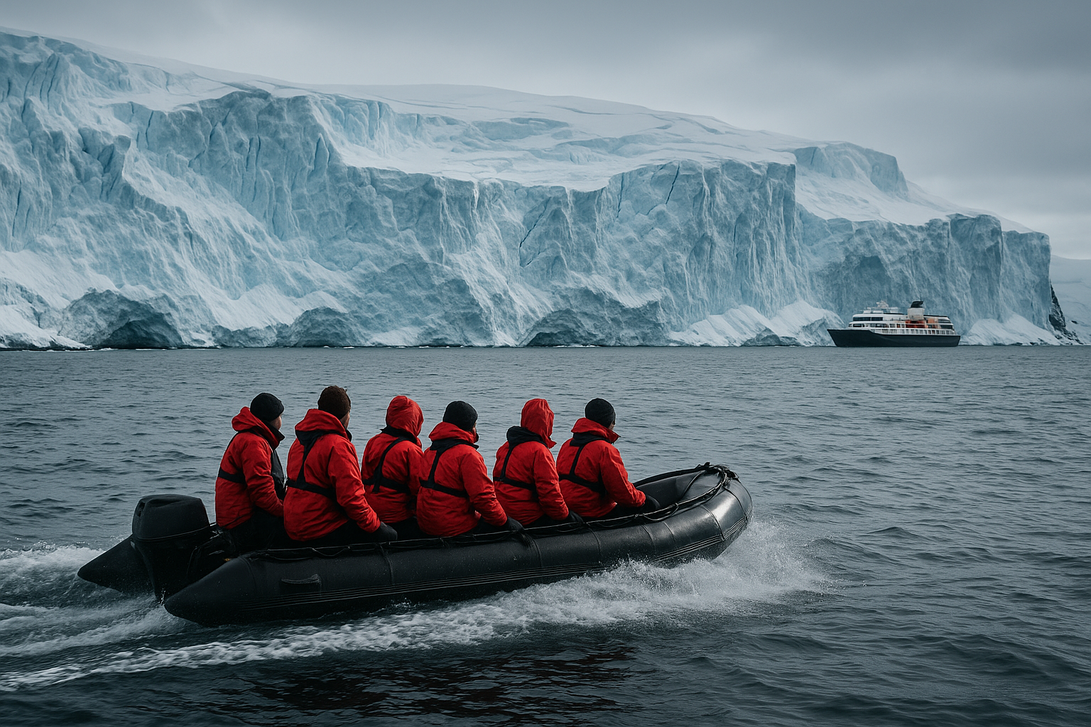 Travelers in red parkas ride a zodiac across grey polar water toward a glacier, small expedition ship in the distance