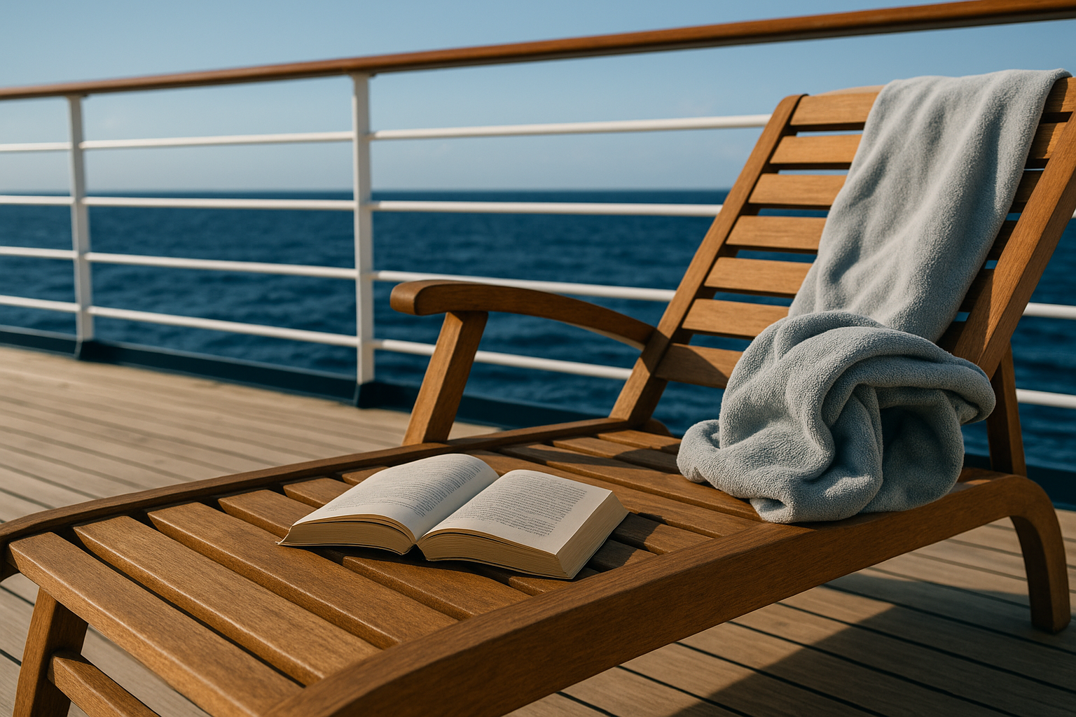 Paperback book lying face-down on an empty teak deck lounger aboard a ship, calm ocean horizon beyond
