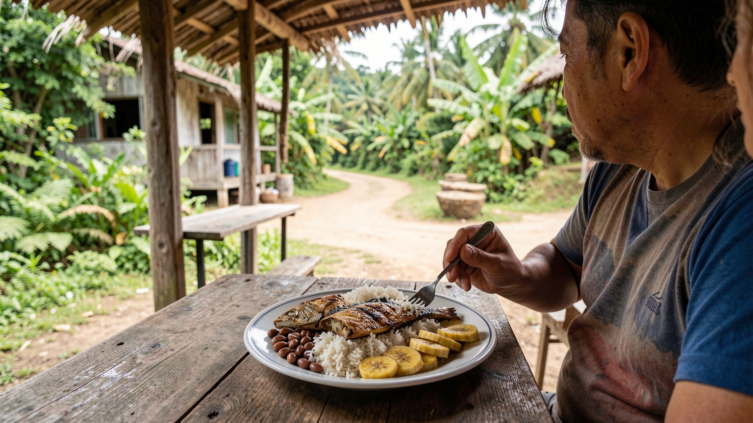 Casado plate of rice, beans, plantains and grilled fish on a patterned tablecloth at a rural Costa Rican lunch counter