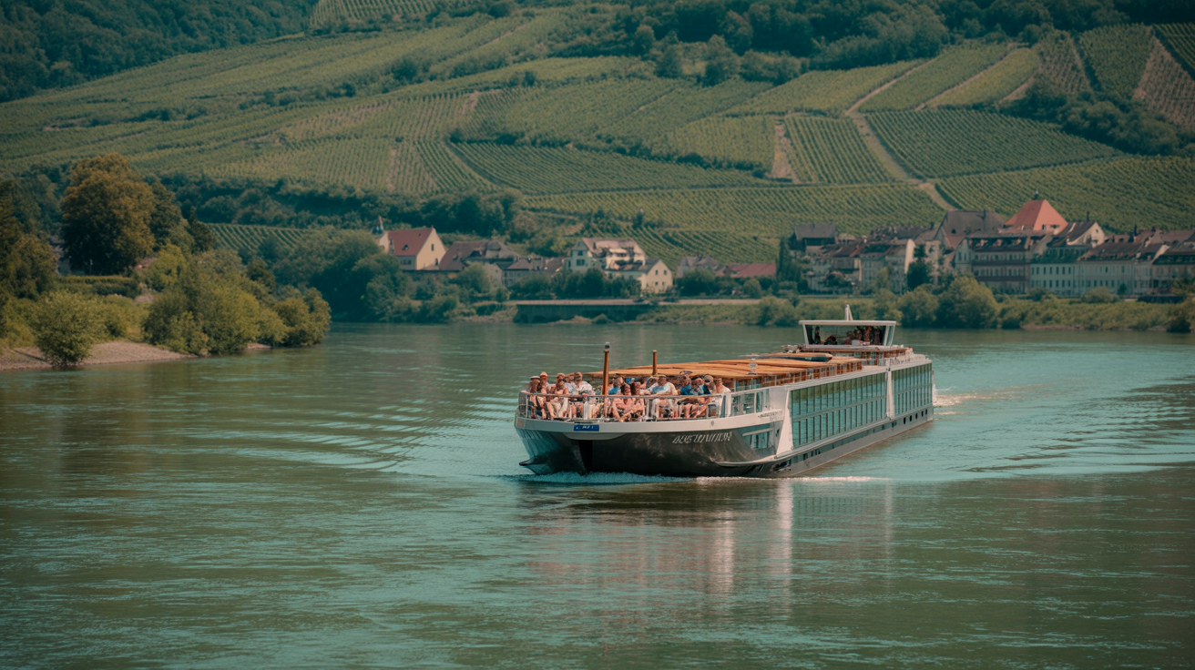 River cruise ship gliding along a calm Danube at golden hour, vineyard hills rising on both banks