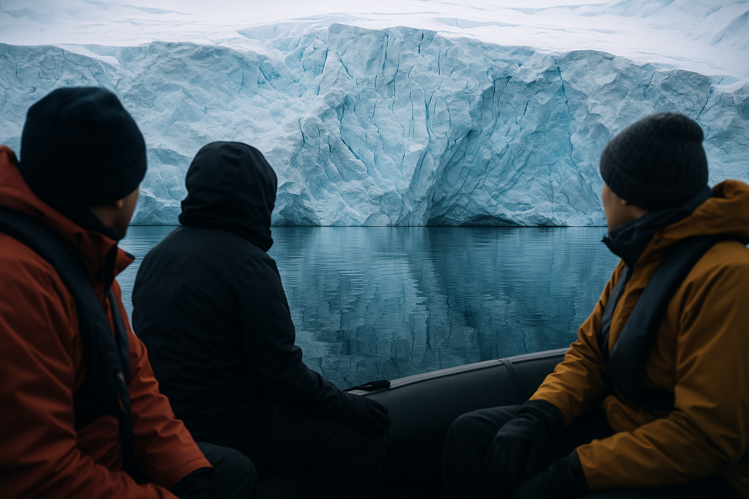 Zodiac drifting with engine off beside a blue-white glacier face, passengers sitting still and silent