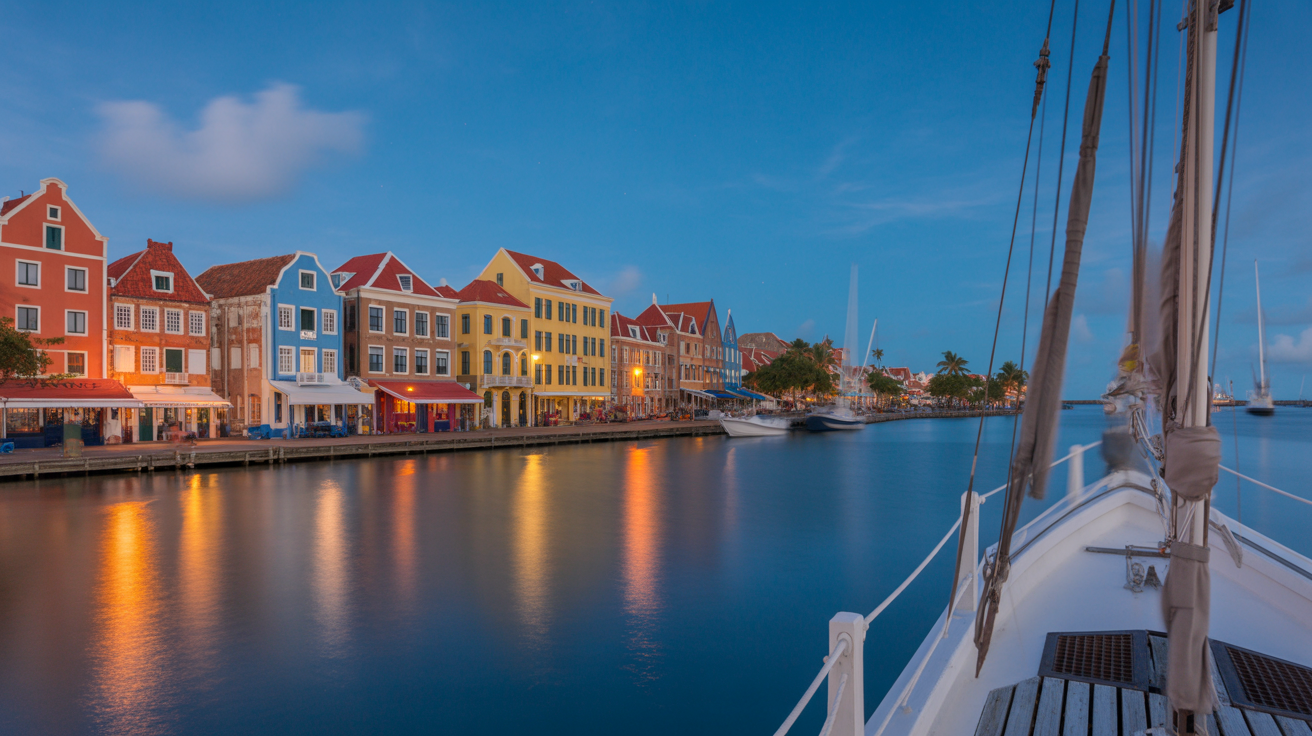 Colorful Dutch colonial buildings along Willemstad's harbor waterfront glowing at golden hour, water in the foreground