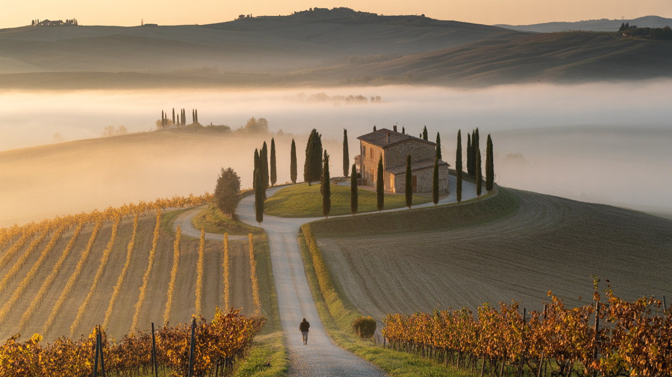 Morning fog lying low between cypress rows and amber vineyards on rolling Val d'Orcia hills