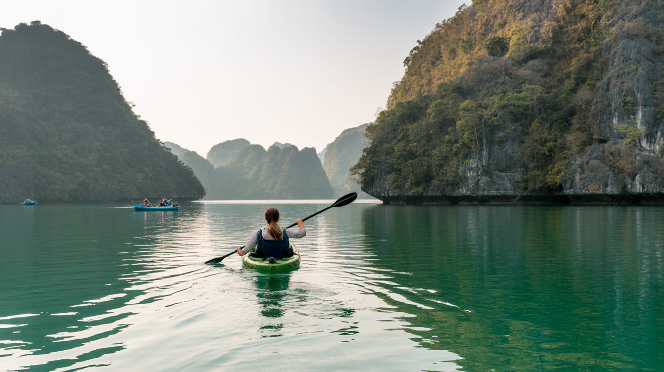 Kayaker paddling alone across a calm emerald lagoon ringed by limestone cliffs in early morning light
