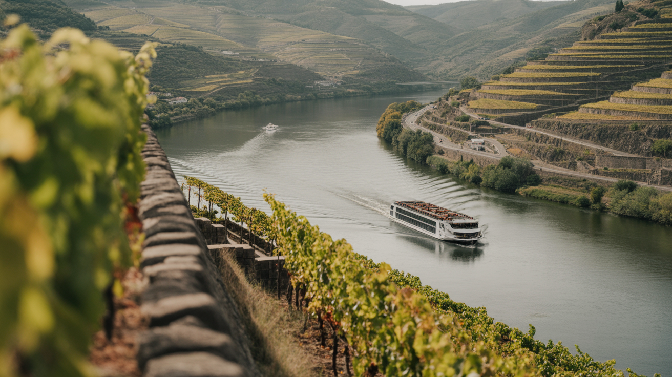 Terraced vineyards rising above the Douro River at golden hour with a small river ship on the water below