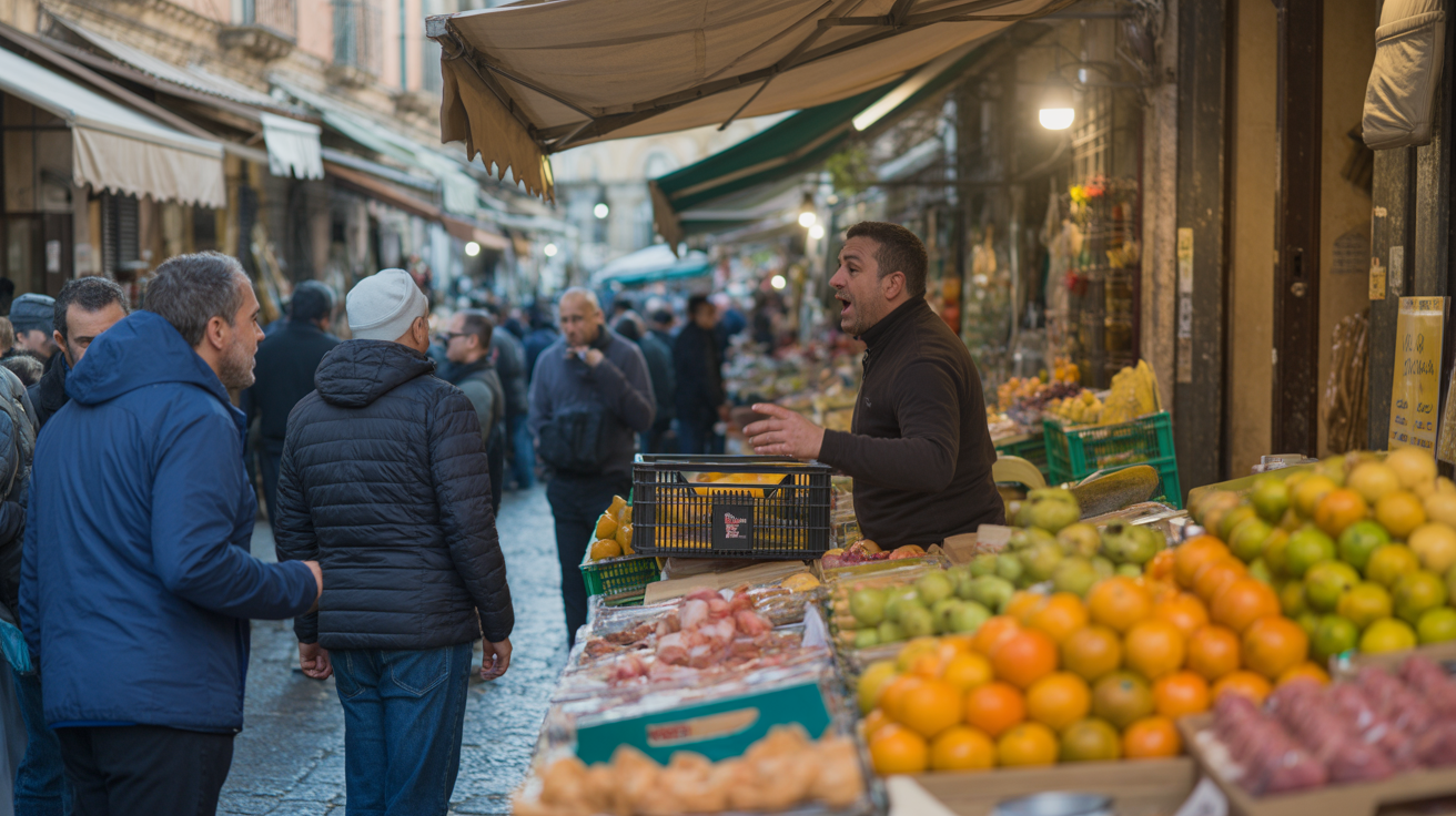 Vendor stalls piled with blood oranges and fresh fish at Palermo's Ballaro street market on a winter morning