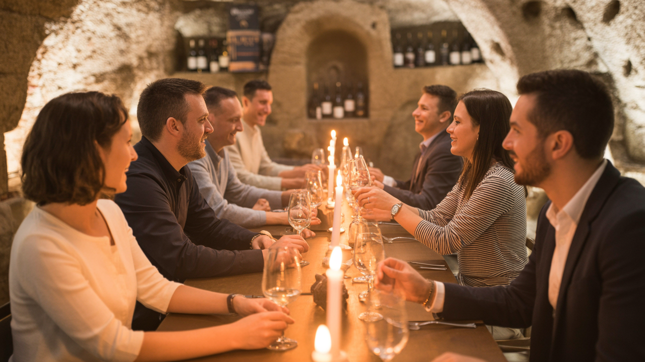 Small group dining at a candlelit wooden table inside an ancient carved stone cellar.
